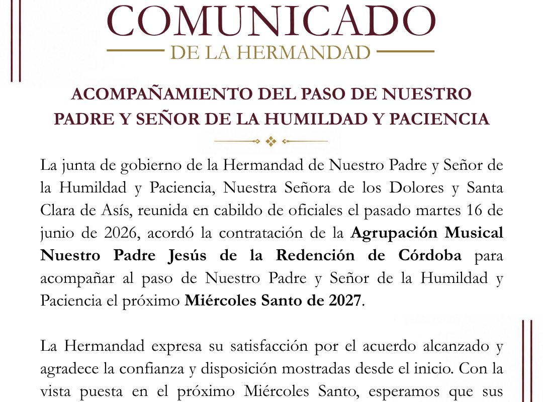 COMUNICADO DE LA HERMANDAD: AM NUESTRO PADRE JESÚS DE LA REDENCIÓN DE CÓRDOBA