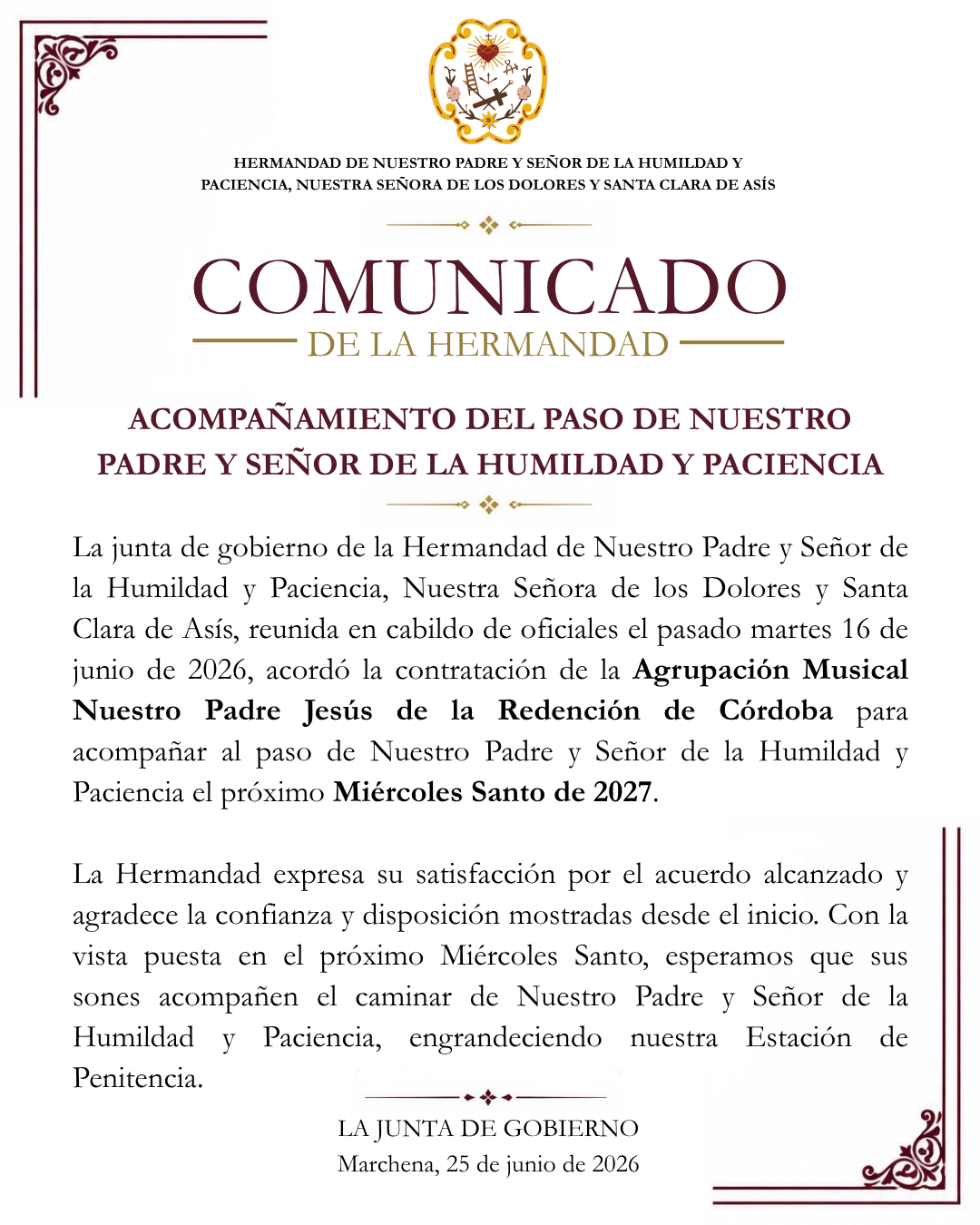 COMUNICADO DE LA HERMANDAD: AM NUESTRO PADRE JESÚS DE LA REDENCIÓN DE CÓRDOBA