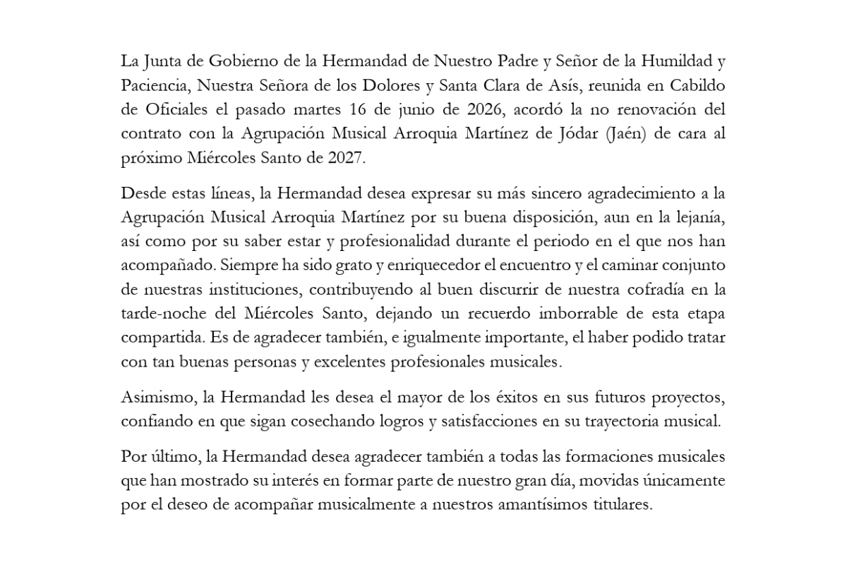 COMUNICADO DE LA HERMANDAD: AM ARROQUIA MARTÍNEZ
