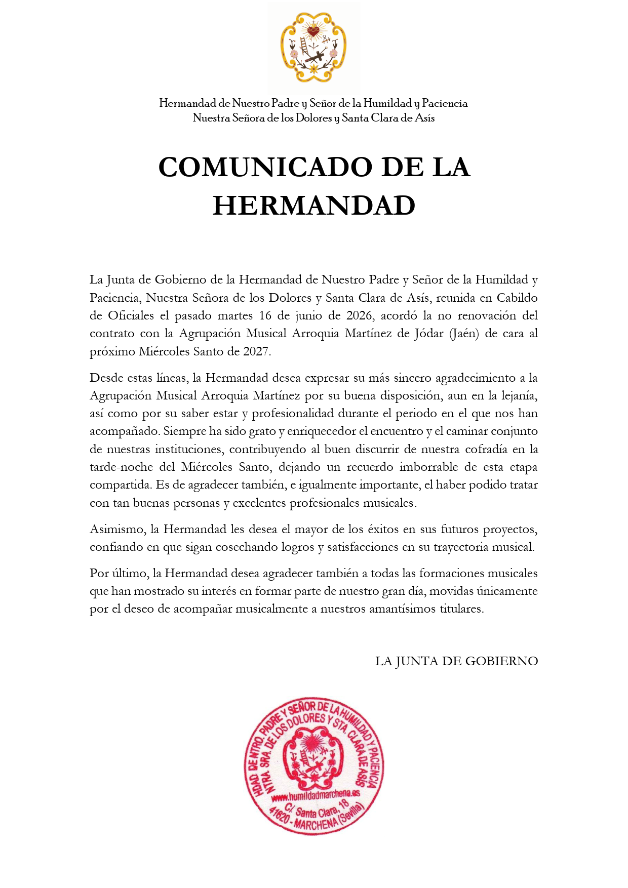 COMUNICADO DE LA HERMANDAD: AM ARROQUIA MARTÍNEZ